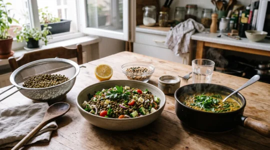 Deux plats à base de lentilles, une salade de lentilles vertes et un dahl tiède, posés sur une table de cuisine en bois avec des ustensiles et des ingrédients