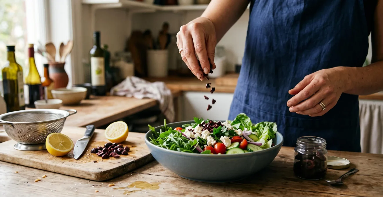 Des mains ajoutent une petite quantité d'olives noires hachées sur une salade végétale méditerranéenne préparée sur un plan de cuisine.