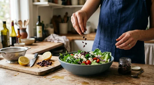 Des mains ajoutent une petite quantité d'olives noires hachées sur une salade végétale méditerranéenne préparée sur un plan de cuisine.