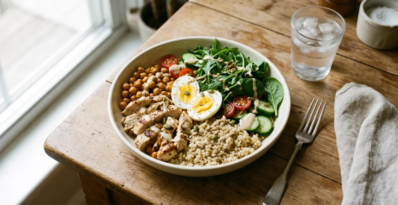 Un bol de salade repas complet posé sur une table en bois, composé de quinoa, pois chiches, œuf, poulet, légumes croquants et sauce, éclairé par une lumière naturelle.