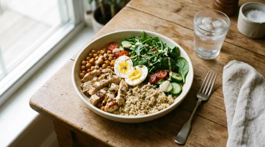 Un bol de salade repas complet posé sur une table en bois, composé de quinoa, pois chiches, œuf, poulet, légumes croquants et sauce, éclairé par une lumière naturelle.
