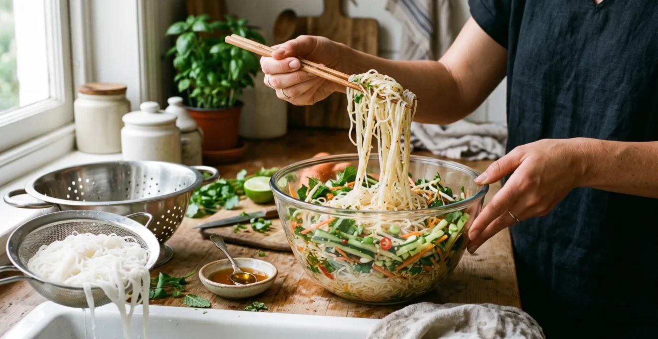 Un bol de salade froide de vermicelles de riz bien détachés, avec une passoire de nouilles rincées et une personne qui soulève des brins avec des baguettes dans une cuisine lumineuse.