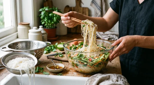 Un bol de salade froide de vermicelles de riz bien détachés, avec une passoire de nouilles rincées et une personne qui soulève des brins avec des baguettes dans une cuisine lumineuse.