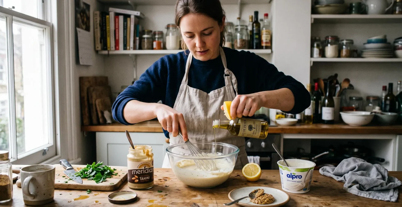 Une personne fouette une sauce crémeuse dans un bol de verre, entourée de tahini, citron, huile d'olive et yaourt végétal posés sur un plan de cuisine.