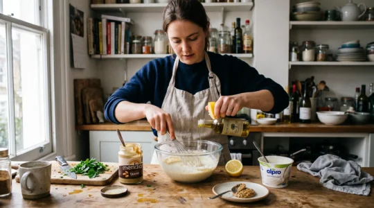 Une personne fouette une sauce crémeuse dans un bol de verre, entourée de tahini, citron, huile d'olive et yaourt végétal posés sur un plan de cuisine.