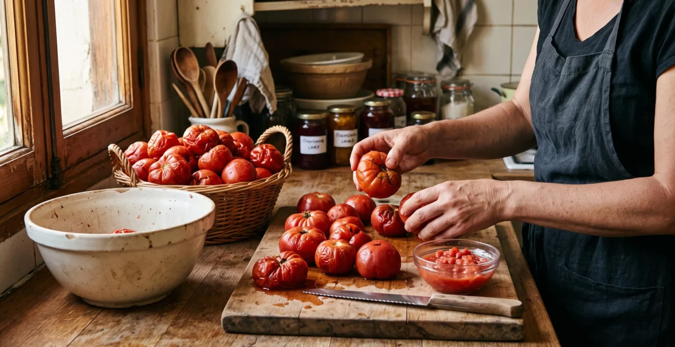 Un panier de tomates très mûres sur un plan de cuisine en bois, avec des mains triant les fruits et une planche à découper prête pour la préparation.