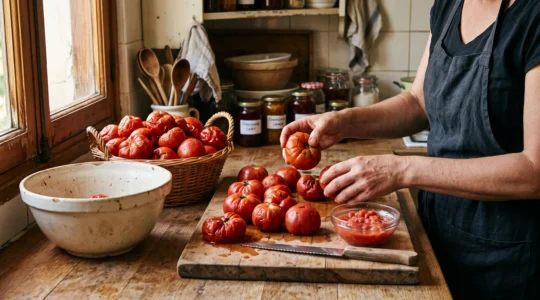 Un panier de tomates très mûres sur un plan de cuisine en bois, avec des mains triant les fruits et une planche à découper prête pour la préparation.