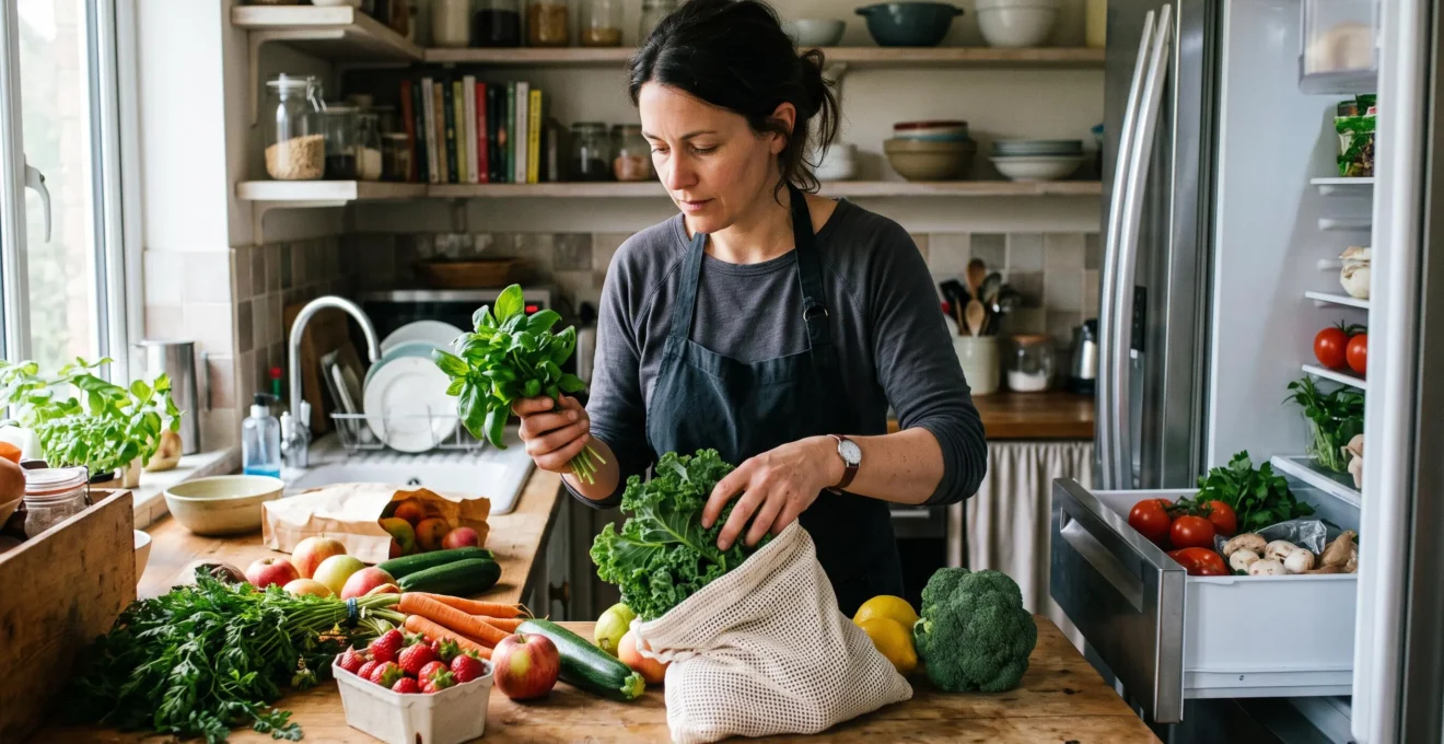 Une personne trie des fruits et légumes frais sur un plan de travail de cuisine au retour des courses, avant de les ranger dans le réfrigérateur.