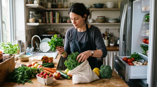 Une personne trie des fruits et légumes frais sur un plan de travail de cuisine au retour des courses, avant de les ranger dans le réfrigérateur.