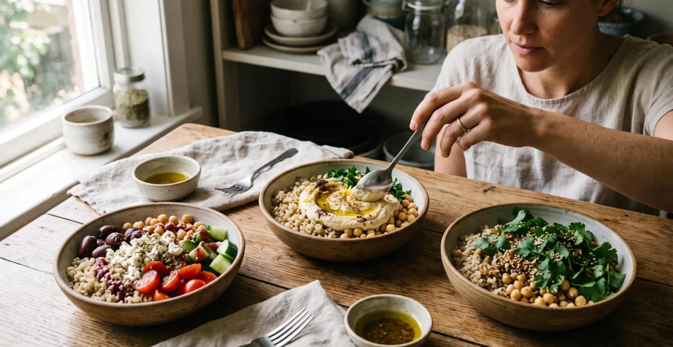Trois bowls végétaux à la même base de céréales et pois chiches, assaisonnés de trois sauces différentes inspirées des cuisines méditerranéenne, levantine et asiatique.