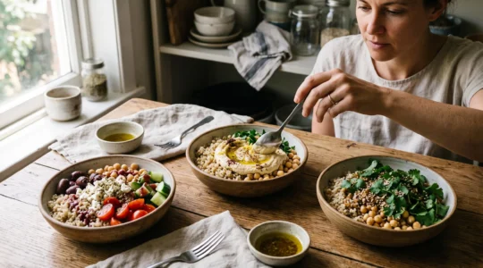 Trois bowls végétaux à la même base de céréales et pois chiches, assaisonnés de trois sauces différentes inspirées des cuisines méditerranéenne, levantine et asiatique.