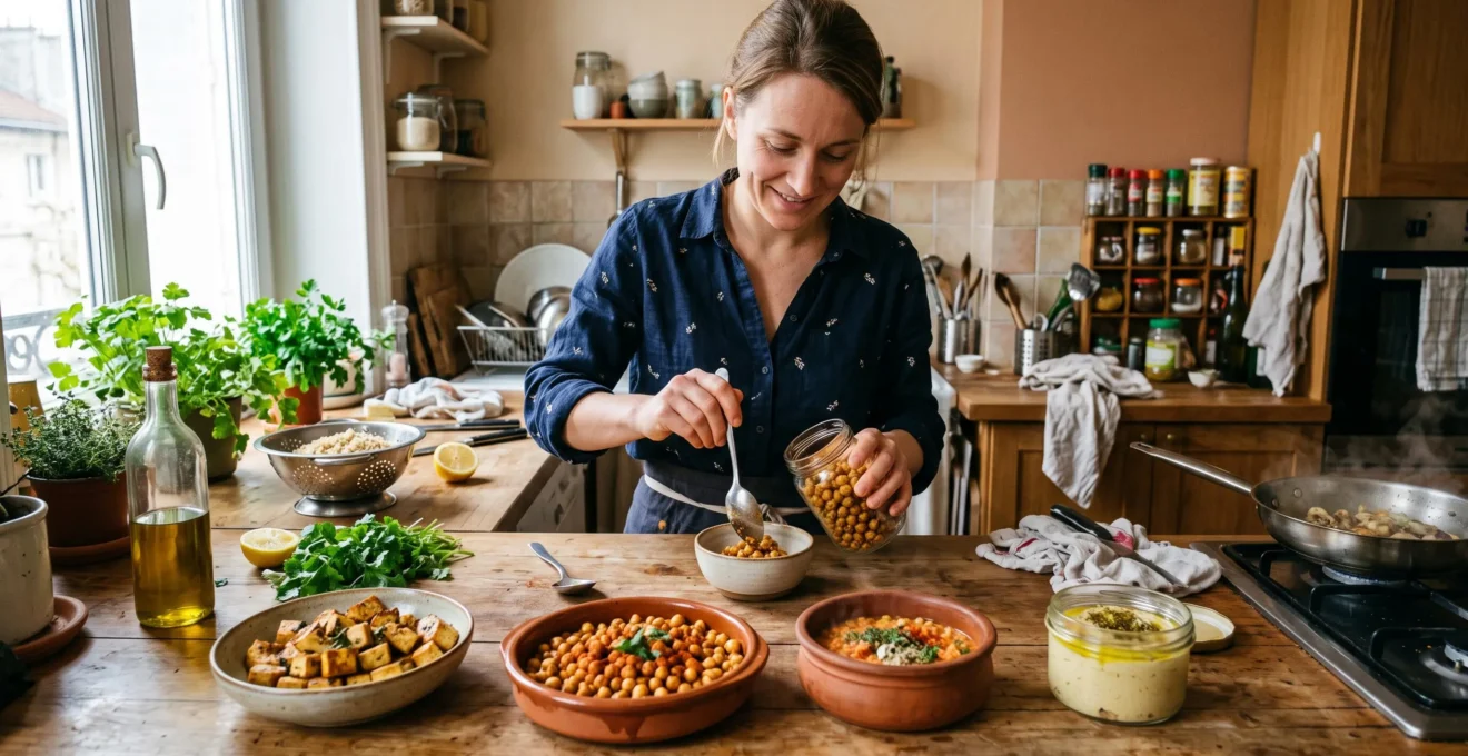 Une femme cuisine plusieurs protéines végétales différentes, avec du tofu poêlé, des pois chiches rôtis, un dhal de lentilles corail et du houmous disposés sur un plan de travail de cuisine.