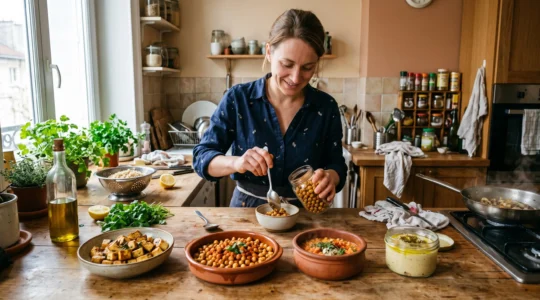 Une femme cuisine plusieurs protéines végétales différentes, avec du tofu poêlé, des pois chiches rôtis, un dhal de lentilles corail et du houmous disposés sur un plan de travail de cuisine.