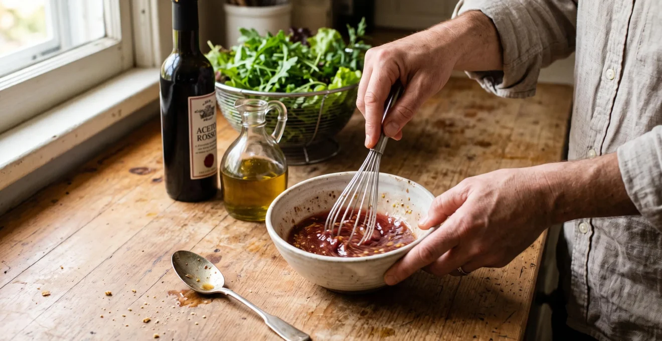 Mains fouettant une vinaigrette au vinaigre de vin rouge dans un bol en céramique sur un plan de travail en bois, avec une bouteille de vinaigre et de l'huile en arrière-plan.