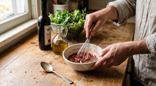 Mains fouettant une vinaigrette au vinaigre de vin rouge dans un bol en céramique sur un plan de travail en bois, avec une bouteille de vinaigre et de l'huile en arrière-plan.
